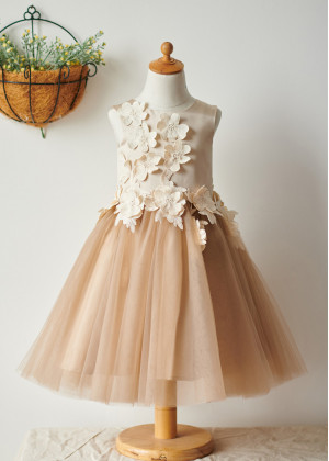 Champagne Satin Tulle Knee Length Flower Girl Dress